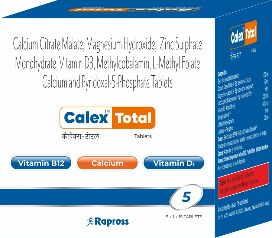 Calex-Total: Calcium Citrate Malate, Magnesium, Zinc, Vitamin D3, Methylcobalamin, L-Methylfolate & Pyridoxal-5-Phosphate Tablets